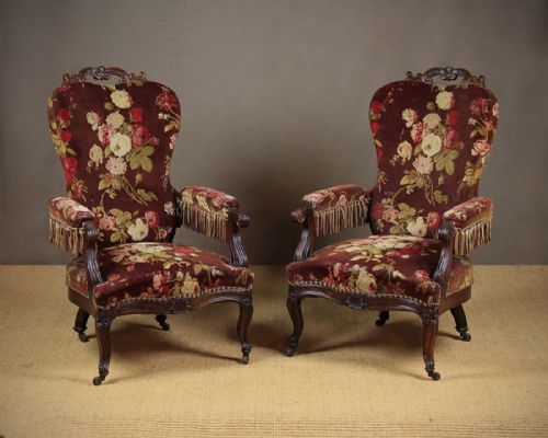 Pair Rosewood Armchairs with Original Upholstery C.1880.