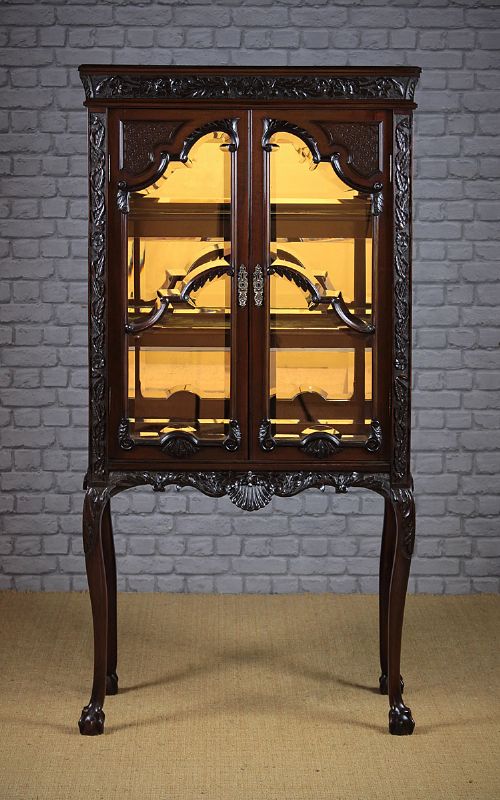 Narrow Carved Mahogany Display Cabinet C.1895.