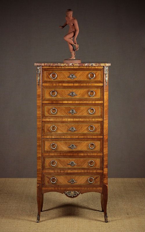 Narrow Marble Top Semainier Chest of Drawers C.1920.