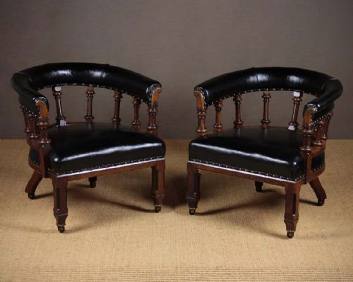 Pair Mid 19th.c. Oak & Leather Armchairs C.1860.