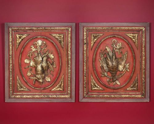 Carved & Gilded Oak Panels of a Hare & Game Birds C.1870.