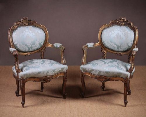 Pair French Louis Xv Style Gilded Armchairs C.1900