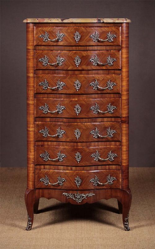 Narrow French Marble Top Chest of Drawers C.1920.