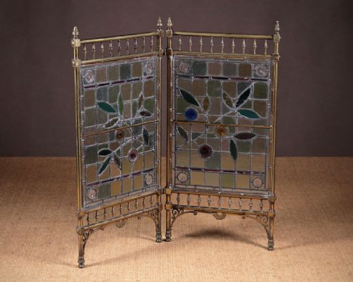 Aesthetic Movement Brass & Leaded Glass Fire Screen C.1880