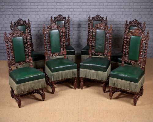 Set of Eight Carved Oak & Leather Dining Chairs C.1880.