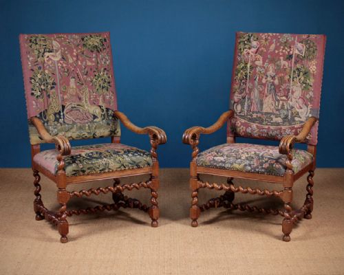 Pair of Lady & the Unicorn Tapestry Armchairs C.1930.