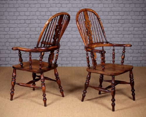 Pair of Yew Wood Broad Arm Windsor Armchairs C.1850.