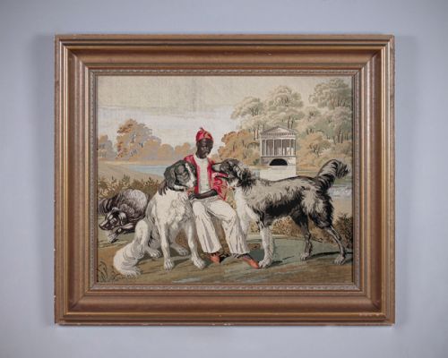 19th.c. Woolwork of a Blackamoor & Hounds C.1860.