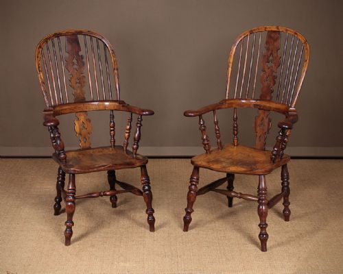 Pair Yew Wood Broad Arm Windsor Armchairs C.1850.