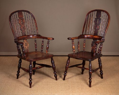Pair of Yew Wood Windsor Armchairs C.1850.
