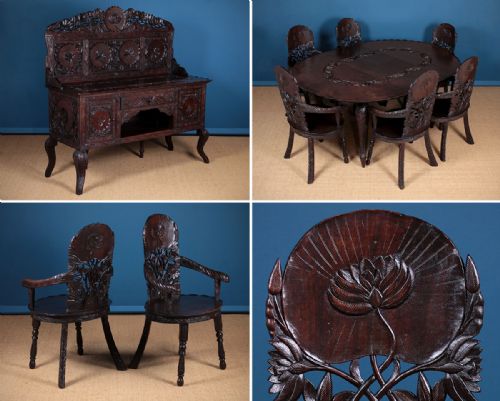 Anglo-indian Carved Walnut Lotus Theme Dining Suite C.1910.