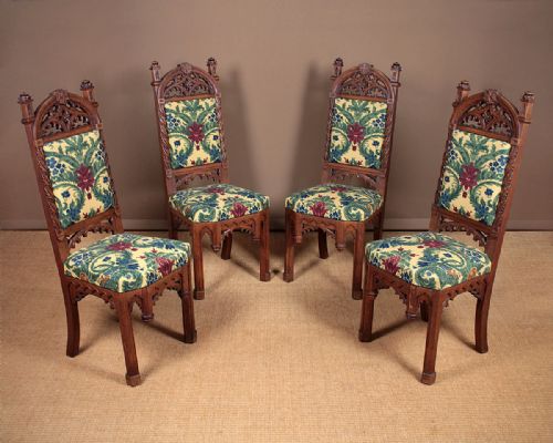 Set Four Late 19th.c. Gothic Oak Dining Chairs C.1880