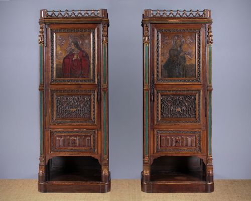 Pair of Ecclesiastical Gothic Carved & Painted Cupboards C.1870.