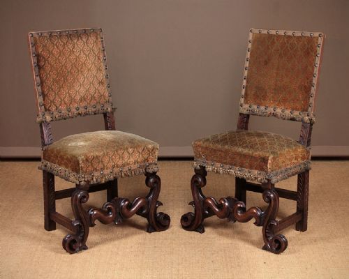 Pair of Italian Carved Walnut Side Chairs C.1900.