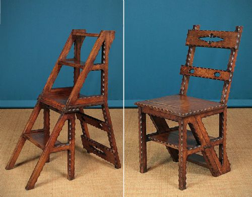 19th.c. Gothic Style Metamorphic Library Steps & Side Chair C.1890.