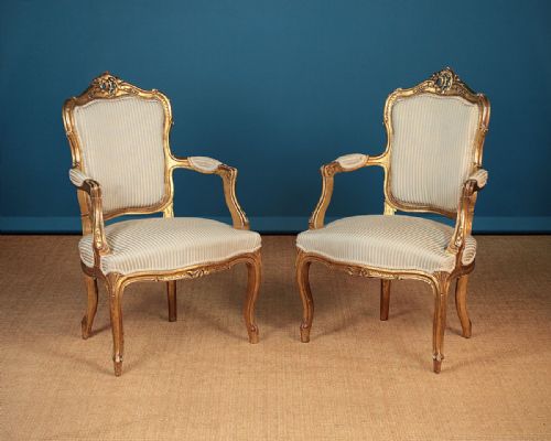 Pair French Belle Epoch Louis Xv Style Open Armchairs C.1900.