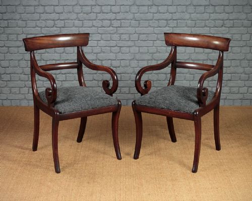 Pair Mahogany Scroll Arm Regency Armchairs C.1830.