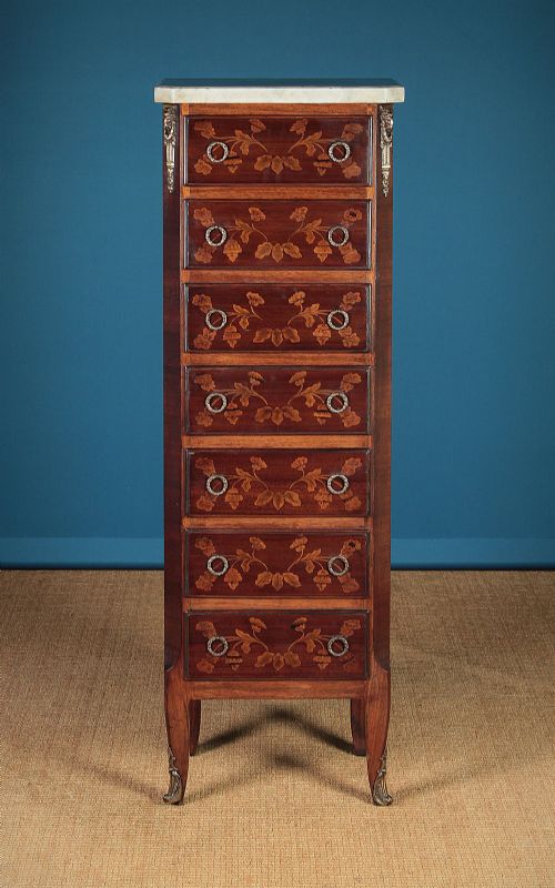 Narrow French Marble Top Inlaid Semainier Chest of Drawers C.1920.