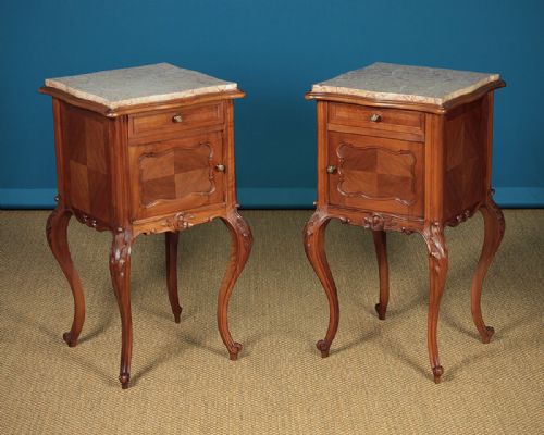 Pair of Walnut & Marble Top Bedside Cabinets C.1910.