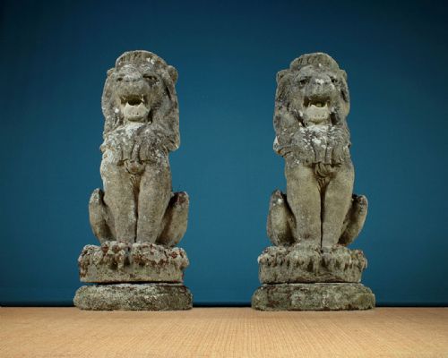 Pair of Stone Gatepost Lions C.1920.