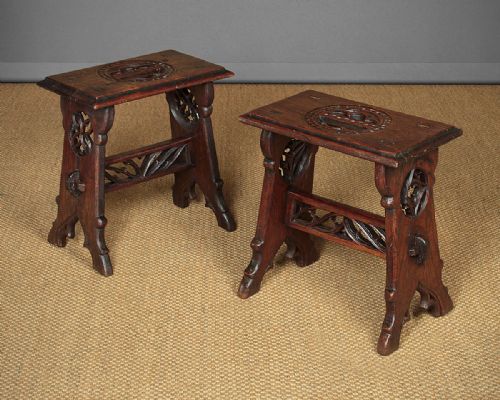 Pair of Gothic Carved Oak Stools C.1890.
