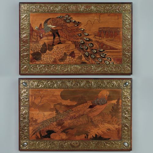 Pair Arts & Crafts Pokerwork Panels with Repoussé Borders C.1900.