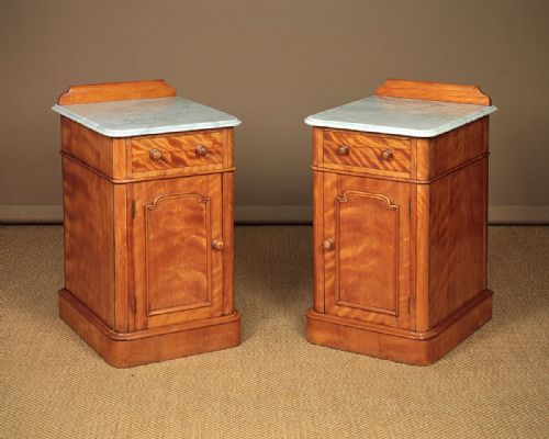 Pair of Marble Top Satin Birch Bedside Cabinets C.1860.