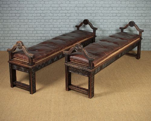 Pair of Long Carved Walnut Benches C.1890.