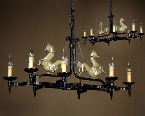 Pair of Wrought Iron Chandeliers with Brass Seahorses C.1930.