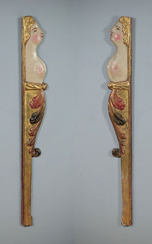 Pair of 18th.c. Painted & Gilded Architrave Figures C.1780.