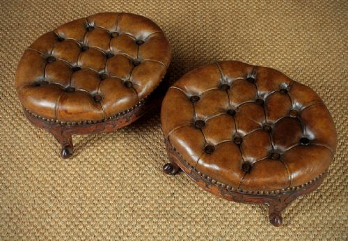 Pair Mid 19th.c. Walnut & Leather Foot Stools C.1870.