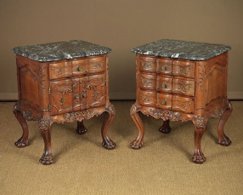 Pair of Carved Oak & Marble Top Bedside Cabinets C.1900.