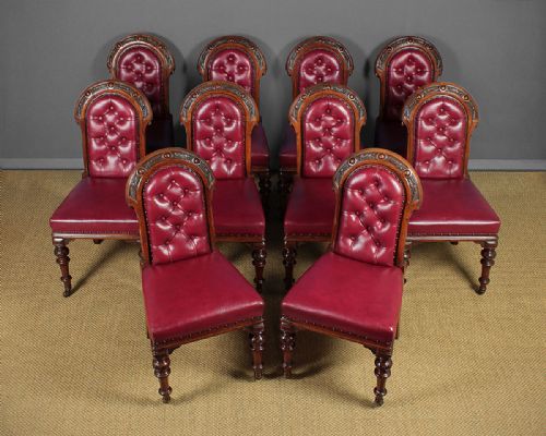 Set of 10 Oak & Leather Dining Chairs C.1850.