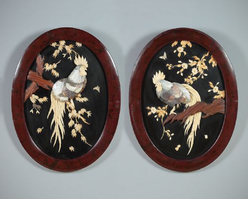 Pair of Japanese Shibayama Panels of Cockerels C.1890.