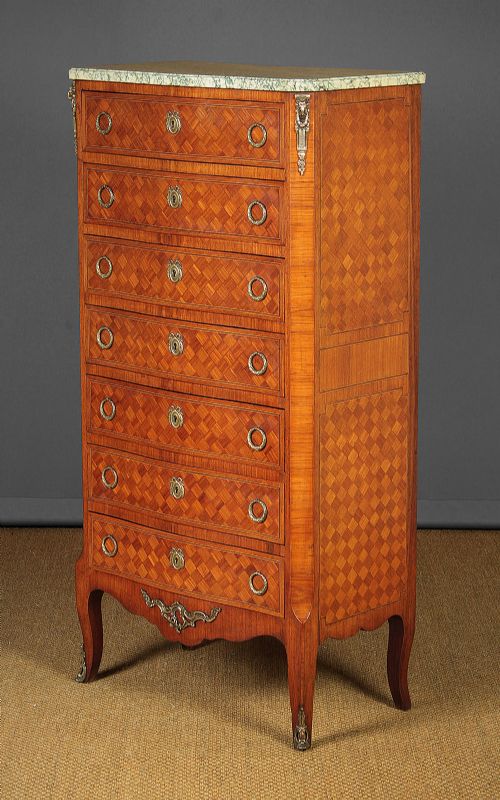 Marble Top & Parquetry Semainier Chest of Drawers C.1920.