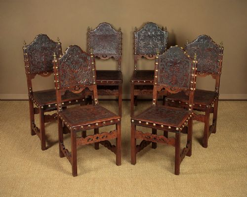 Set of Six Viennese Renaissance Style Embossed Leather Chairs C.1900.