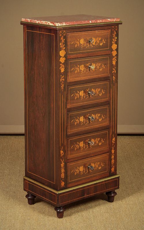 Narrow Marble Top Marquetry Bank of Drawers C.1890.