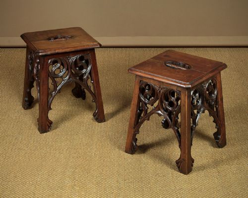 Pair of Gothic Tracery Carved Stools C.1880.