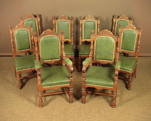 Set Eight Late 19th.c. Carved Oak Dining Chairs C.1880.