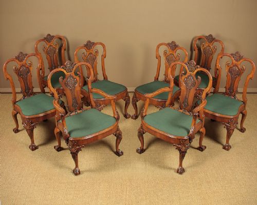Set Eight Large George II Style Walnut Dining Chairs.