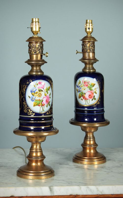 Pair of Blue Porcelain & Brass Table Lamps C.1890.