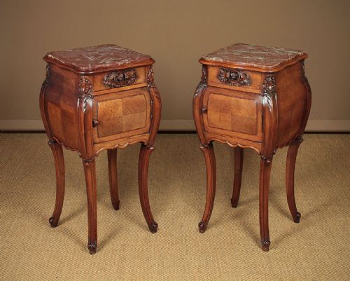 Pair French Walnut & Marble Top Side Cabinets C.1890.