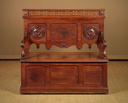 Carved Oak Box Settle C.1920.