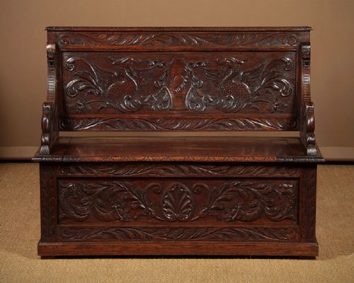 Carved Oak Box Settle C.1910.