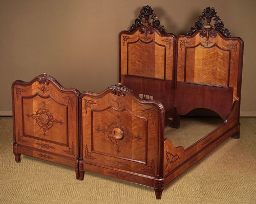 19th.c. Italian Kingsize Satin Birch & Mahogany Double Bed or Pair of Singles C.1875.