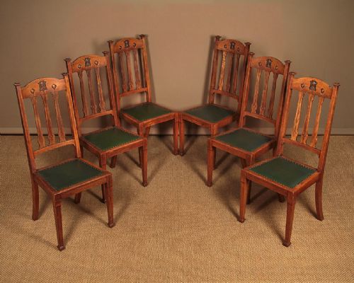 Six Arts & Crafts Oak Dining Chairs C.1900.