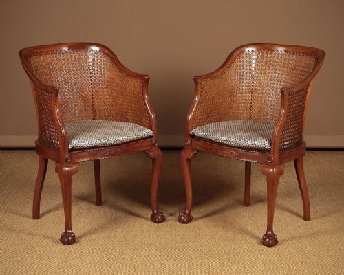 Pair Early 20th.c. Mahogany & Bergere Tub Armchairs C.1920.