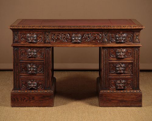 Carved Oak Pedestal Desk C.1890