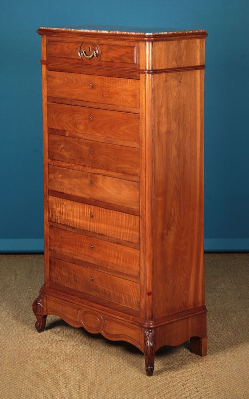 Tall French Marble Top & Walnut Chest of Drawers C.1900.