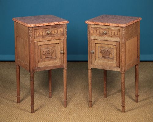 Pair of Oak & Marble Top Bedside Cabinets C.1920.